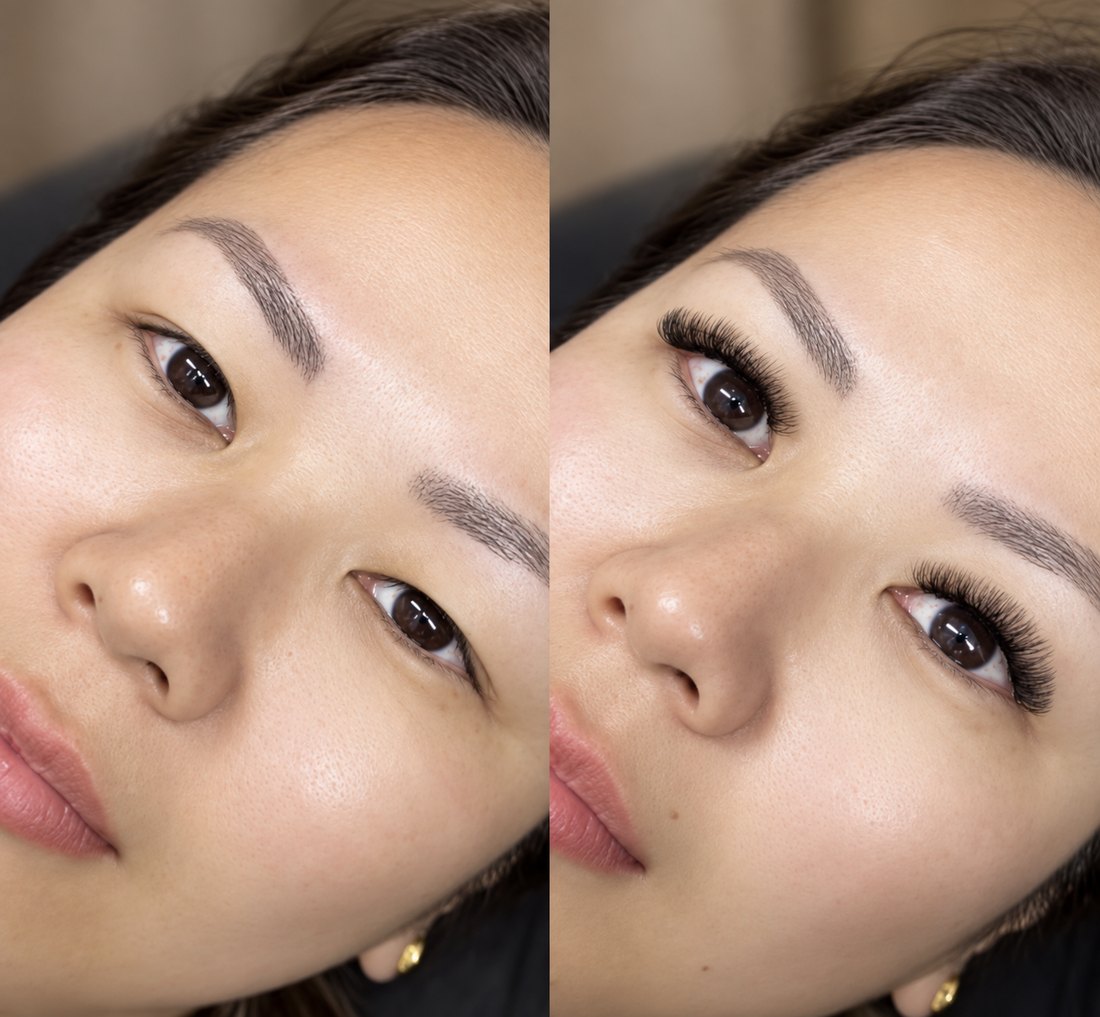 Antes e depois de extensão de cílios em volume, deixando o olhar mais aberto e marcado