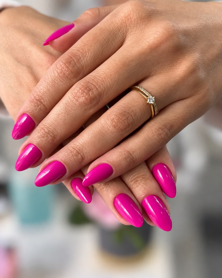 Unhas amendoadas em rosa pink com acabamento em gel brilhante, feitas no Espaço Glamour da Su